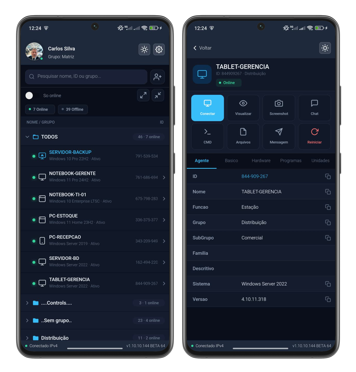 Master Remote no celular: lista de dispositivos e painel de controle remoto