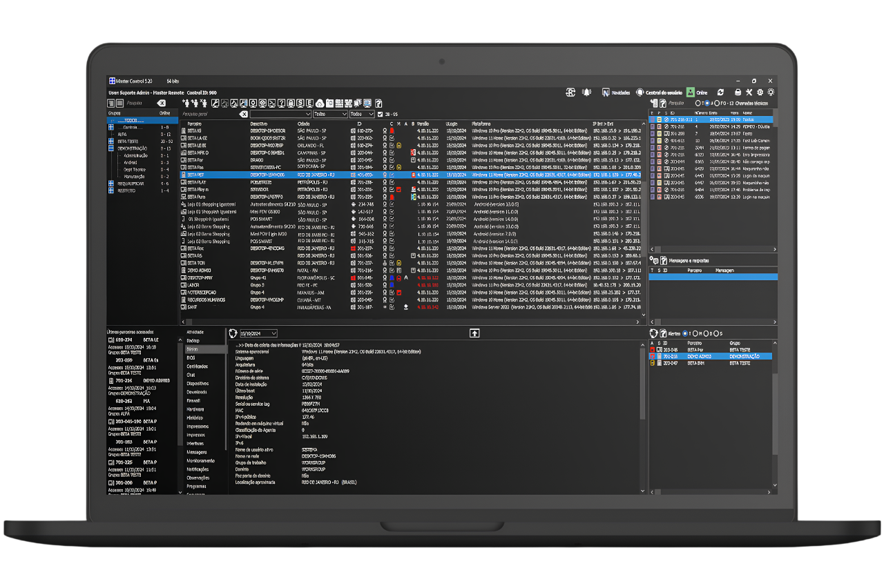 Master Control em um notebook, com a interface de gestão de acesso remoto